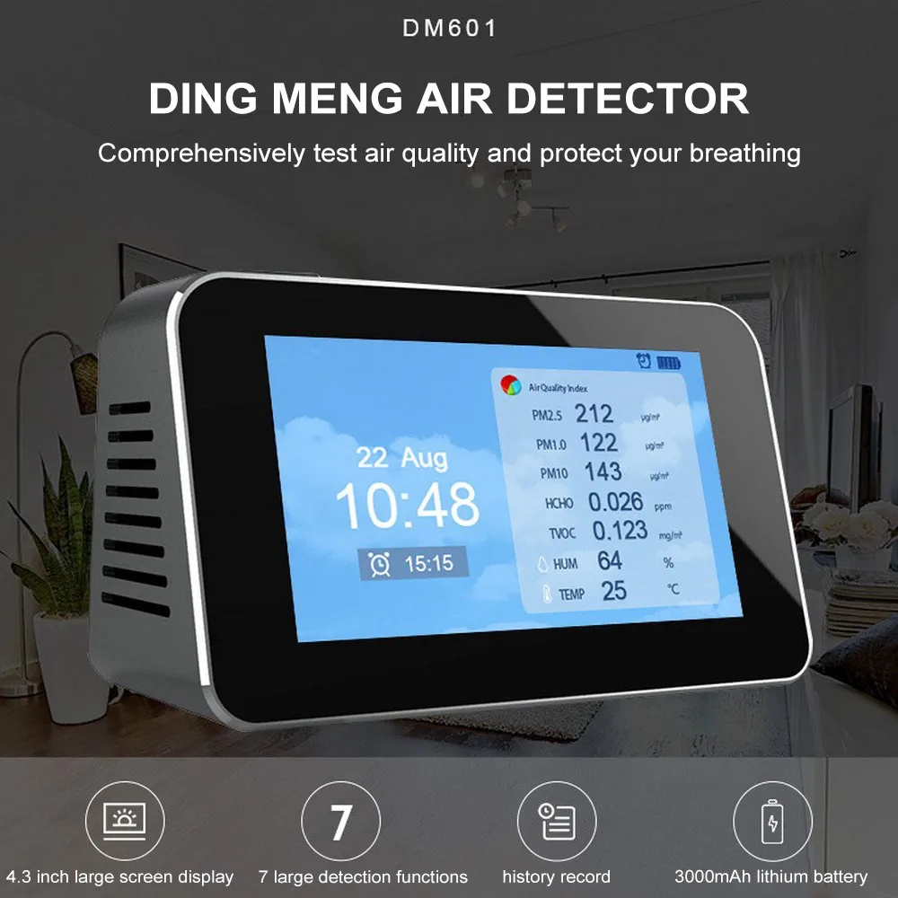 Koop Hcho PM1.0 PM2.5 PM10 Tvoc Formaldehyde Lucht Kwaliteit Detector Temperatuur Meter Hygrometer Engels Lcd scherm Usb Opladen