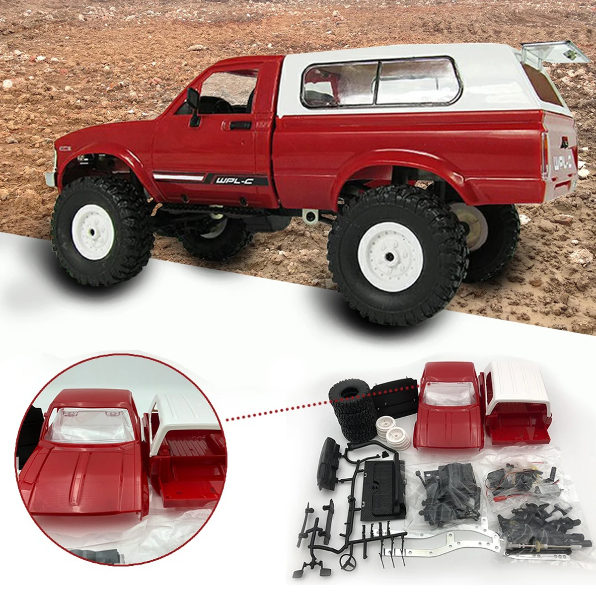 

Remote Control Truck DIY Kit C-24 1:16 2.4G 4WD Off Road Rock RC Car Kid Toy Red/Blue Drive Lights High Strength Plastics Light