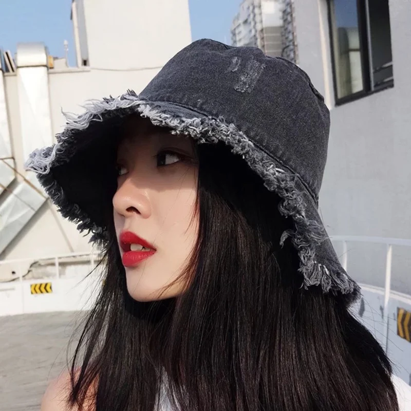 Bucket Hats Women Sun Shading Outdoor Summer Simple Tassel Washed Denim Fisherman Hat Womens Korean Style All-match Casual Chic - Color: black