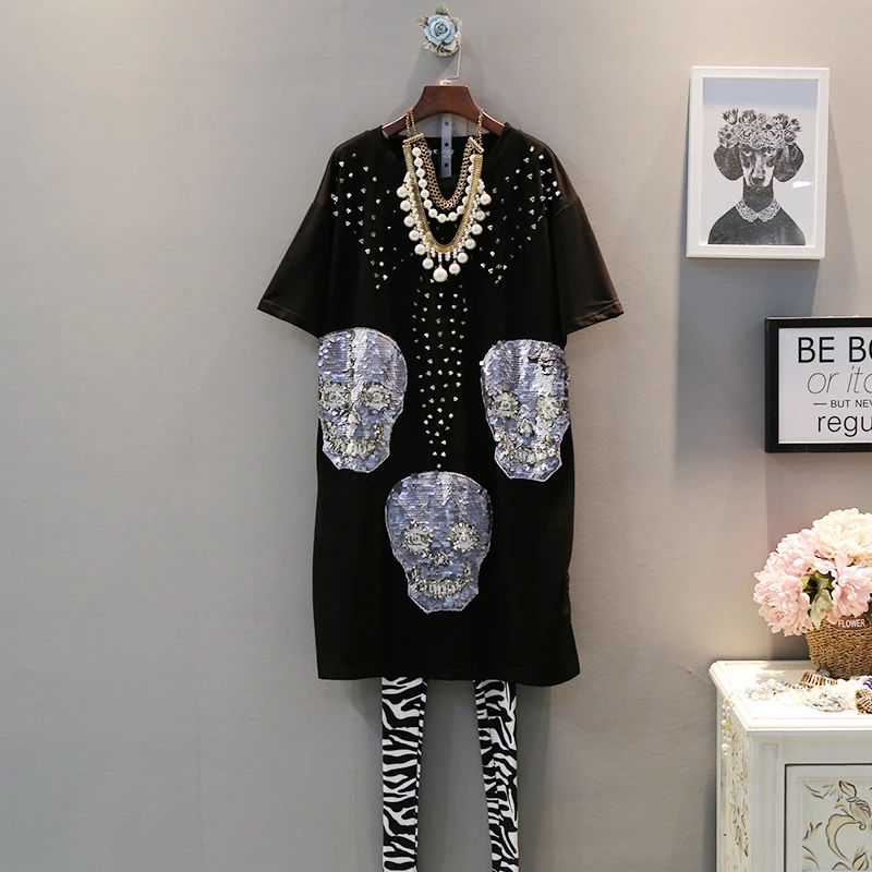 

2019 spring new European and American fashion trend rivet sequins skull short sleeve loose large size fat mm dress