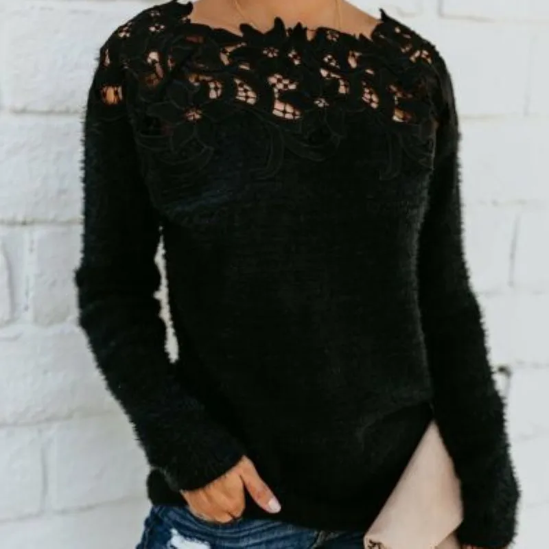 

Spring Elegant Sweater Womens Knitted Lace Spliced Long Sleeve Solid Color Sweater