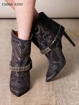 

Sexy Botas Mujer Autumn Winter Ankle Boots for Women PointyToe Thin High Heels Motorcycle Boots Slip On Botas Shoes Size 35-43
