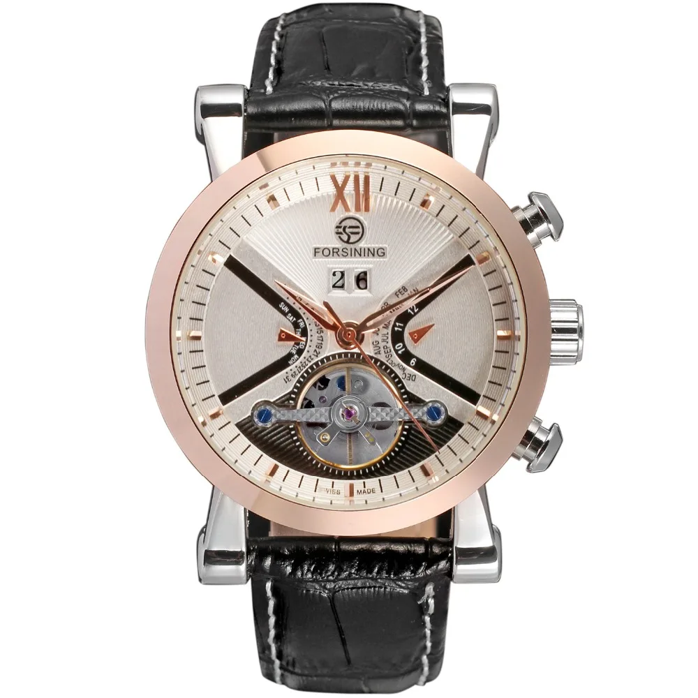 

Tourbillon Wrap Mens Watches Automatic Watch Golden Case Calendar Male Clock Black Mechanical Watch FORSINING