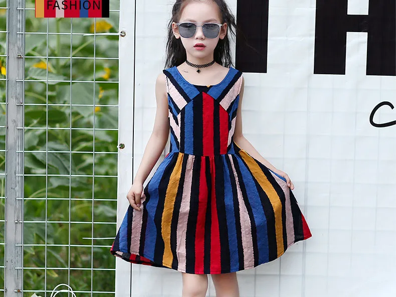 Summer 2019 Colorful Striped Kids Girls Summer Dress Baby Beach Sleeveless Cotton Dresses Children Fashion Party Dresses Clothes (6)