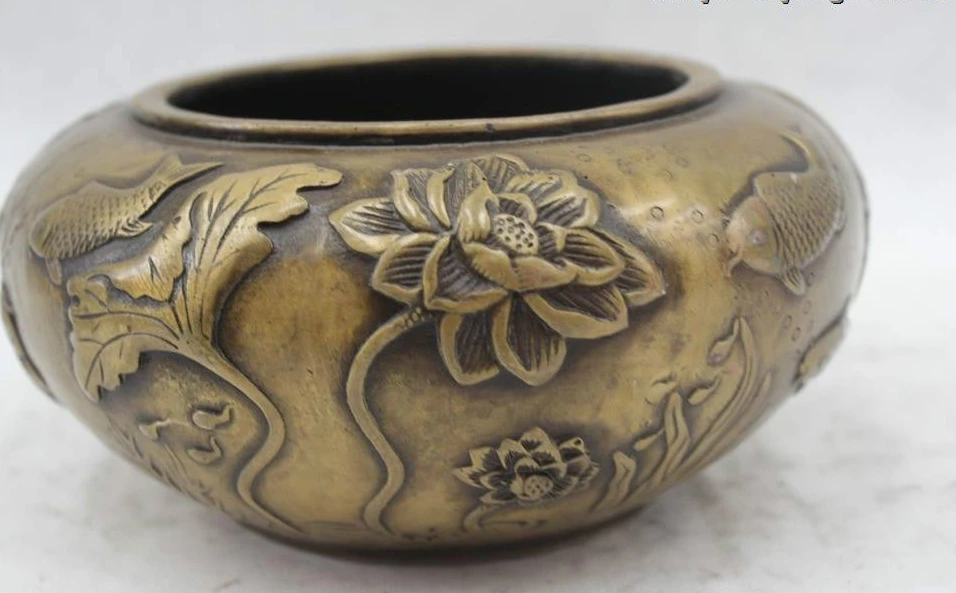 

4"Chinese Folk Bronze Lucky excellent lotus flower cyprinoid Pot crock
