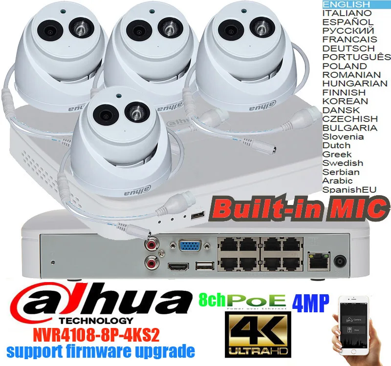 Dahua mutil languag H265 DH 4MP POE IP Камера DH-IPC-HDW4433C-A Системы безопасности Камера открытый 8CH 1080 P NVR4108-8P-4KS2 комплект