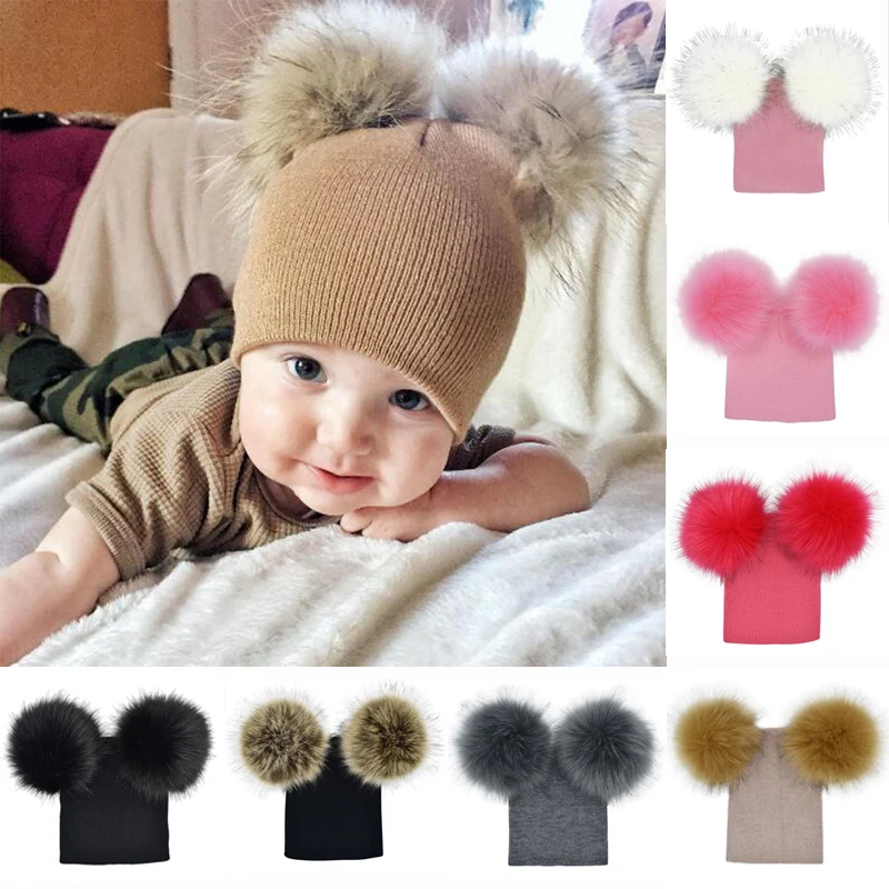 

2019 New Arrivels Kids Baby Child Warm Winter Knitted Cotton Blend Beanie Fur Pom Hat Crochet Ski Cap