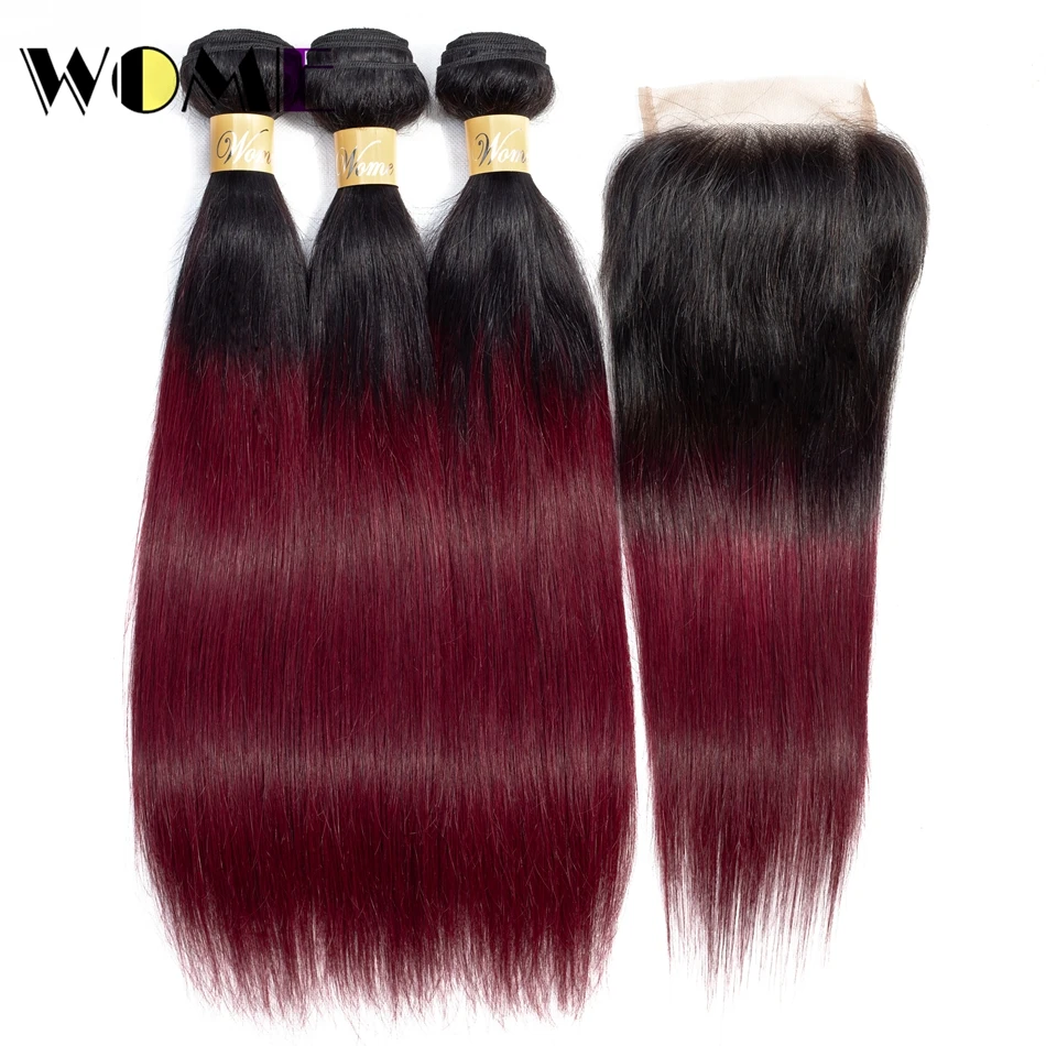 Wome Ombre Straight Bundles Human Hair Bundles With Closure Nonremy 1B/99j 3Pcs Brazilian Hair Weave Bundles With Closure Wome Ombre Straight Bundles Human Hair Bundles With Closure Nonremy 1B/99j 3Pcs Brazilian Hair Weave Bundles With Closure
