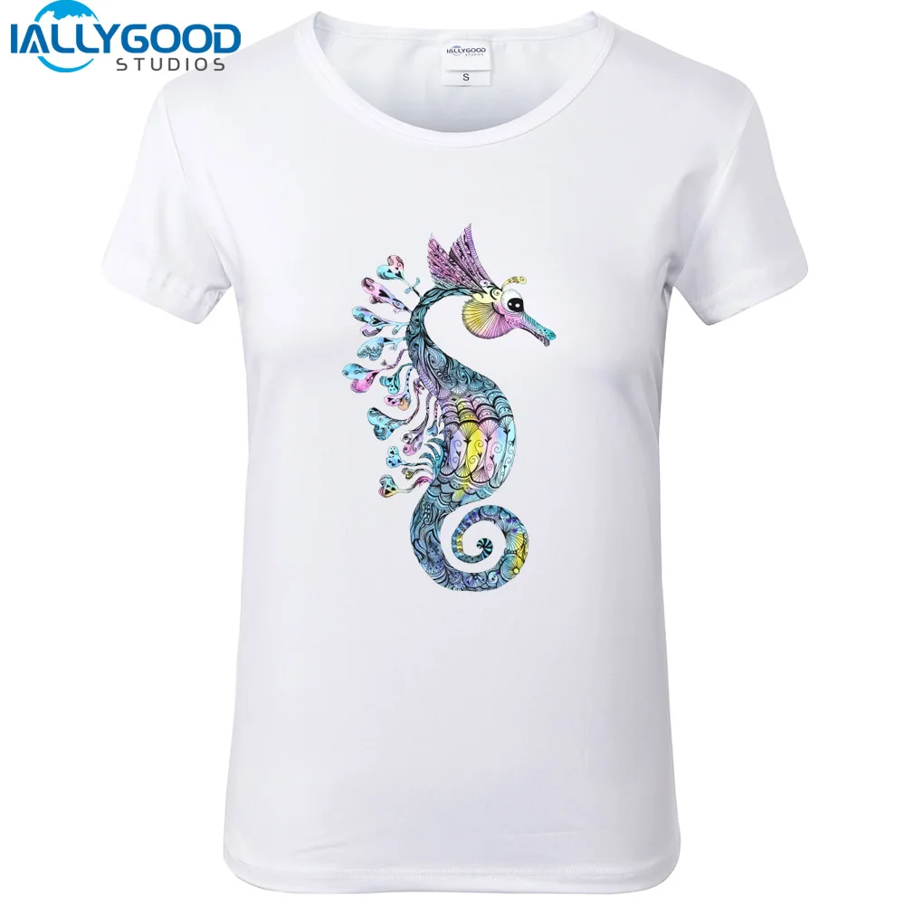 

New Summer Fashion Animal Design Seahorse Watercolor T-Shirt Short sleeve White T shirts Hippocampus Print Tops S988