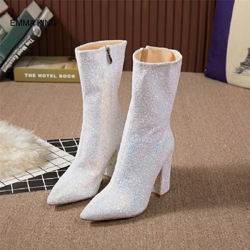 

Spring New Pointed Toe Square PU High Heels Mid Calf Boots Women Autumn Shoes Bling White Ladies Shoes Party Botas Moda Mujer