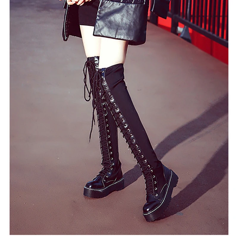 Goede Dij Lange Platform Laarzen Sexy Vrouwen Schoenen 4.5 cm Hakken Mode Zip Over de Knie Laarzen Zwart Lace Up Dames Schoenen vrouwen Schoeisel