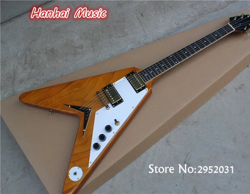 

Free Shipping-Electric Guitar with Natural wood Color Body,Gold Hardware,String-thru-body Design,can be Customized