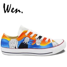 Вэнь Мужская обувь с граффити дизайн пользовательские крик ручная роспись обувь Белый Шитье холщовые женские кроссовки Низкий Топ на шнуровке плимсоллы
