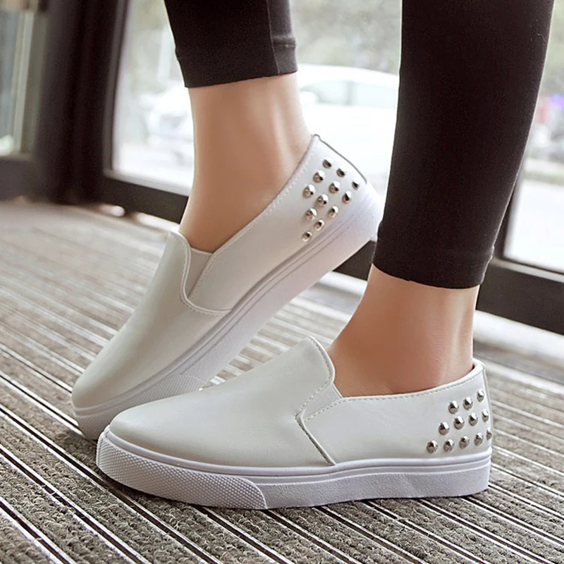 

student leather canvas shoes women rivets white loafers comfort slip on small white shoes woman new flats shoes espadrilles