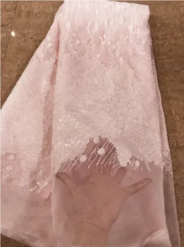 

2018 High Quality fashion French Lace Fabric Tulle Net Lace Fabric Bridal Party Dress Embroidery baby pink With sequins