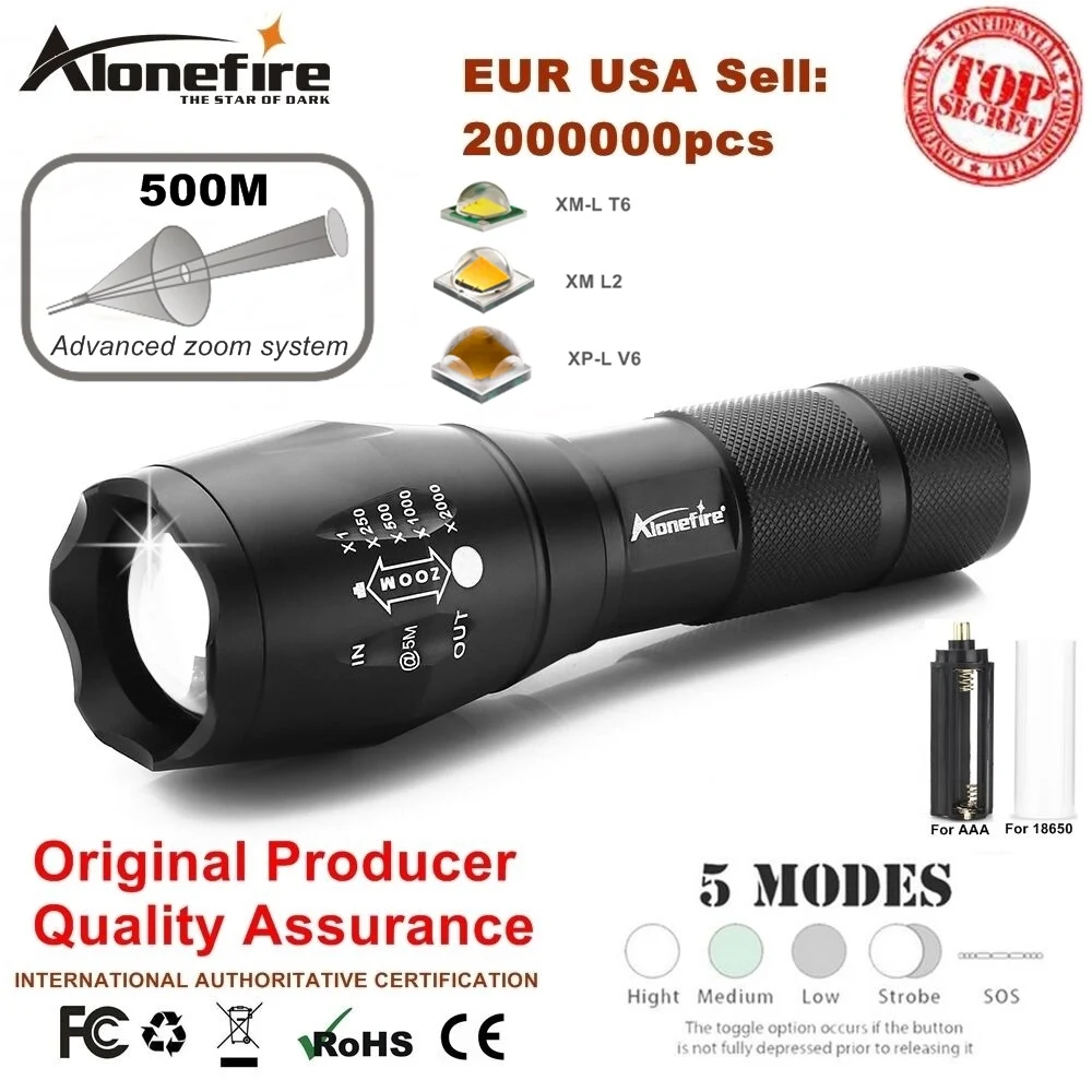 AloneFire G700 E17 XM-L T6 de Alumínio Impermeável Zoomable Cree Levou Lanterna Tocha luz Tático AAA 18650 Bateria Recarregável