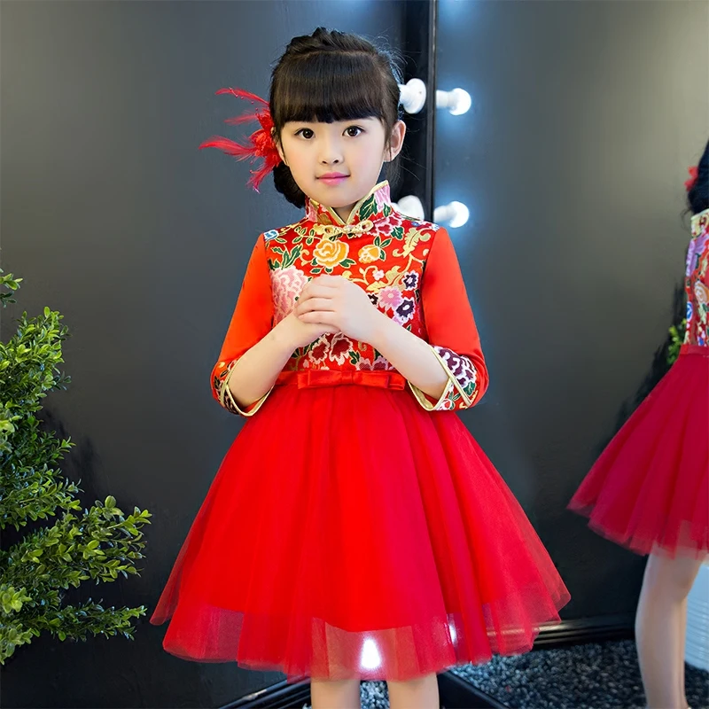 

2019 New Arrival Chinese Traditional Red Color Cheongsam Qipao Dress For Girls Children Party Birthday Performance Clothes
