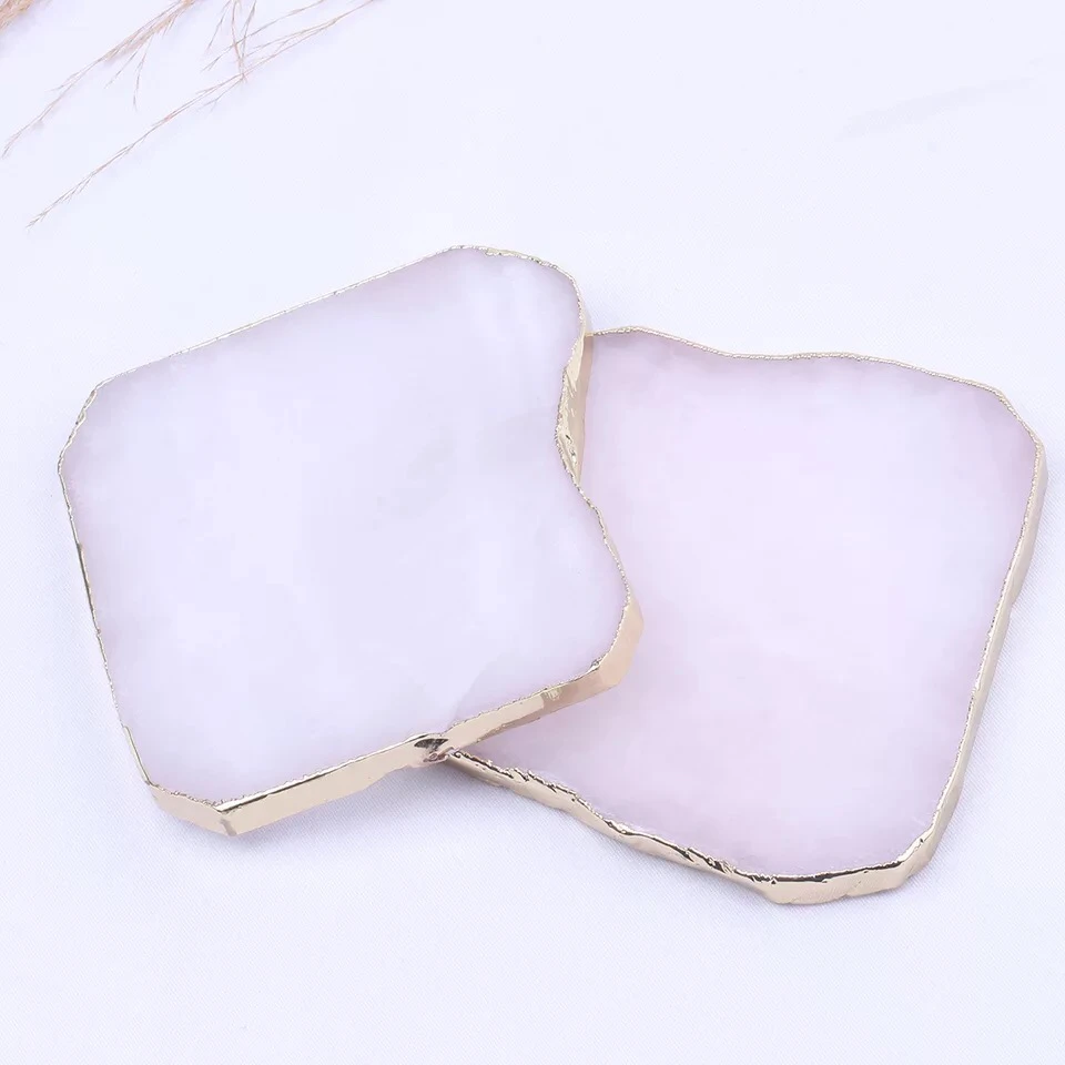 9cm Wholesale 1pcs Natural Rose Quartz Coaster Hexagon Crystal Platter Electroplated Gold Color Jewelry for Cup Mat Display