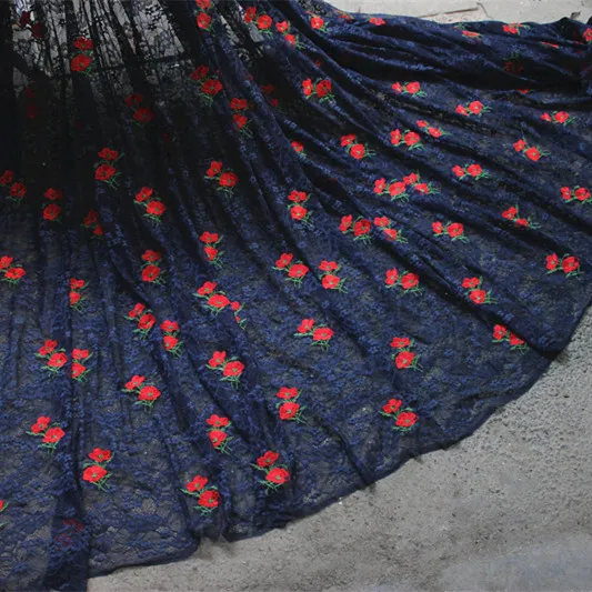 

145cm Wide Dark Blue Lace Mesh Based Red Embroidery Lace Fabric Party Dress Fabric