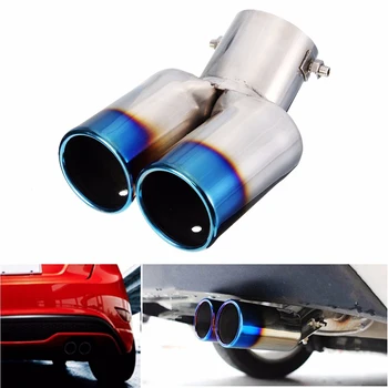 

62mm Stainless Steel Dual Exhaust Pipe Tail Muffler Tip Throat Blue Tailpipe Silp on 2.44inch Car Rear Silencer System