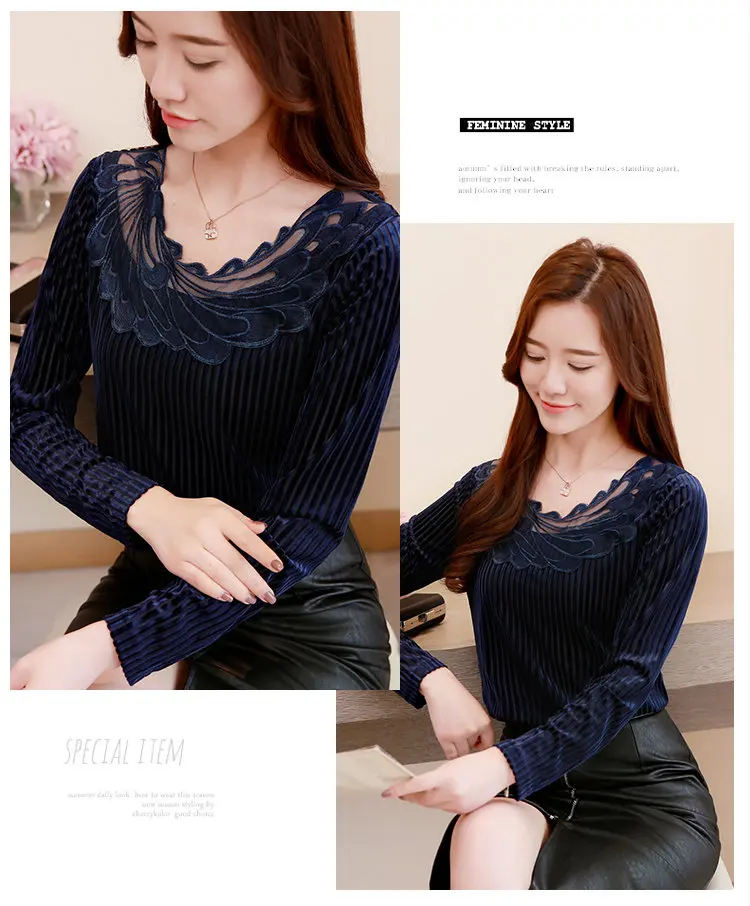 Winter Lace Patchwork Velour Blouse Women Plus Size Tops Ladies Casual Long Sleeve Femme Shirt Autumn Terciopelo Blusas Mujer (8)