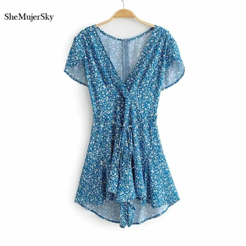 

SheMujerSky Blue V-neck Playsuits Summer Holiday Floral Rompers Womens Short Jumpsuits One Piece Overalls