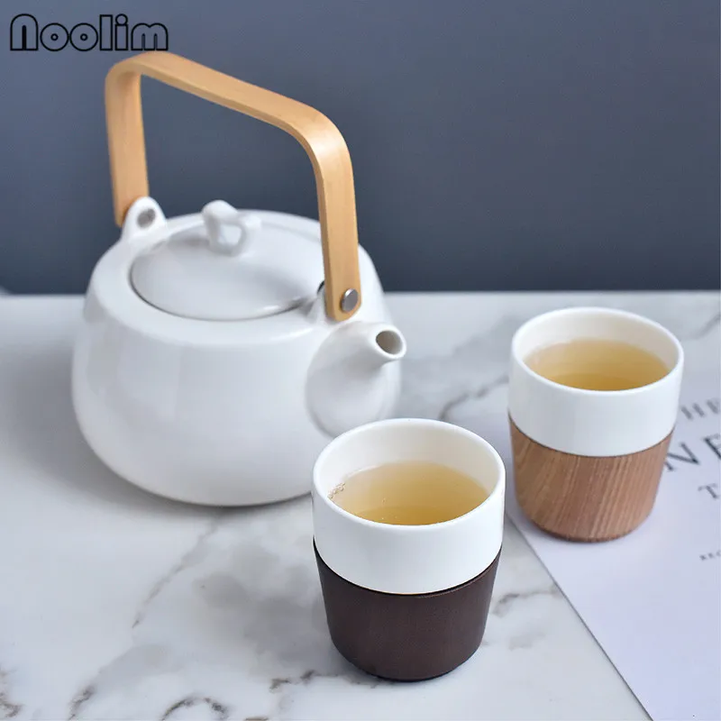 Японский стиль ручной работы белый фарфоровый чайник с деревянной ручкой лаконичный чайный набор посуды