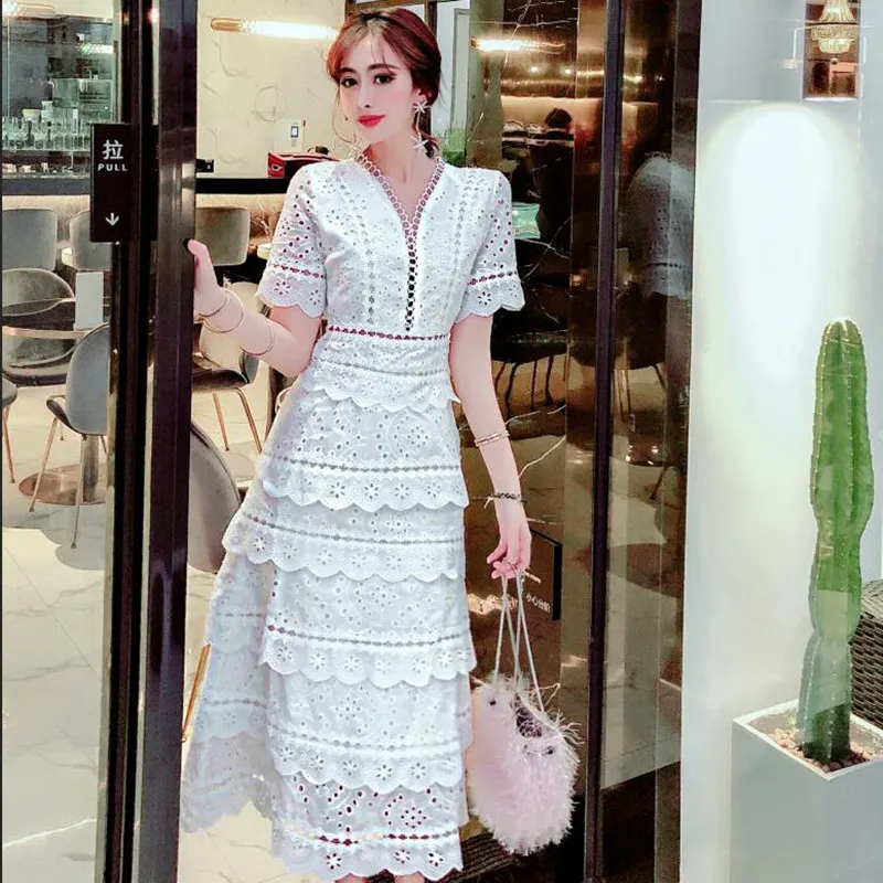 

2019 New Arrival Embroidery Hollow Out White Lace Dress Sexy V-neck Short Sleeve Layered ruffles Mid-calf Dress Women