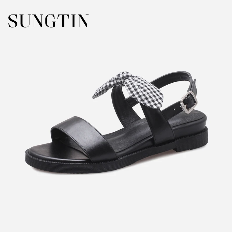 Sungtin Cute Bow Flat Shoes Women Casual Summer Beach Sandals Genuine Leather Shoes Girl Buckle Strap Open Toe Sandals Black