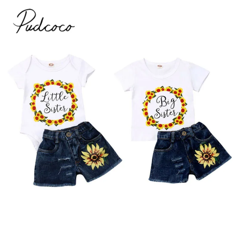 

2019 Baby Summer Clothing Sister Matching Baby Girls Sunflower Tops T-shirt Romper Denim Ripped Shorts 2Pcs Set Outfits Clothes