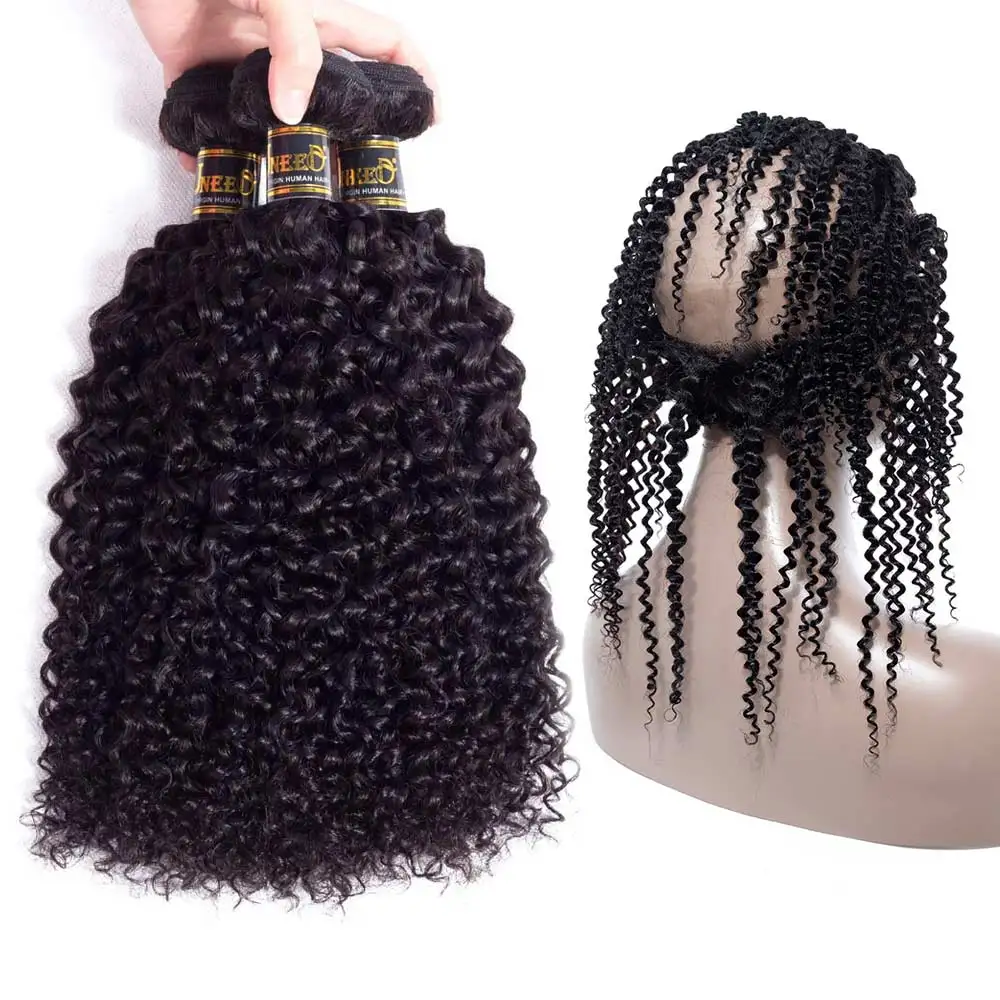 Uneed Hair Peruvian Kinky Curly Hair 3 Bundles With 360 Lace Frontal Closure 100% Remy Human Hair Weave Bundles With Frontal