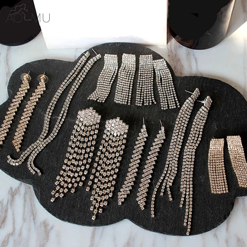 

AOMU New Asymmetric Bling Crystal Rhinestone Long Tassel Drop Dangle Earrings For Women Luxury Wedding Statement Jewelry Earring
