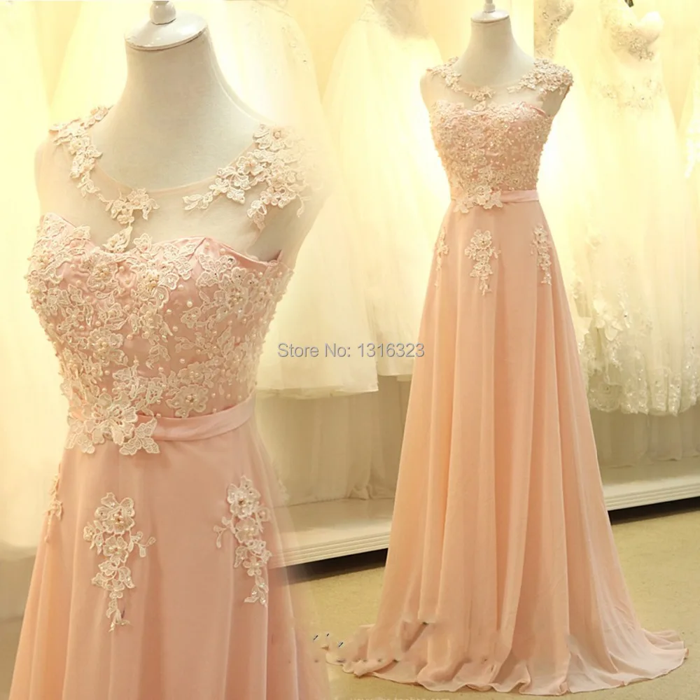 2017 Summer Beach Garden Pink Lace Chiffon Evening Gown O Neck Applique Pearls A Line Long Chiffon Evening Prom Dresses Vestidos