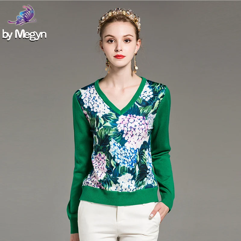 Patchwork Laine Mode Femmes Hortensia Tops Imprimé Designer Chandail Élégant Qualité Piste Fleur V Neck Casual De Haute 54jLqScR3A