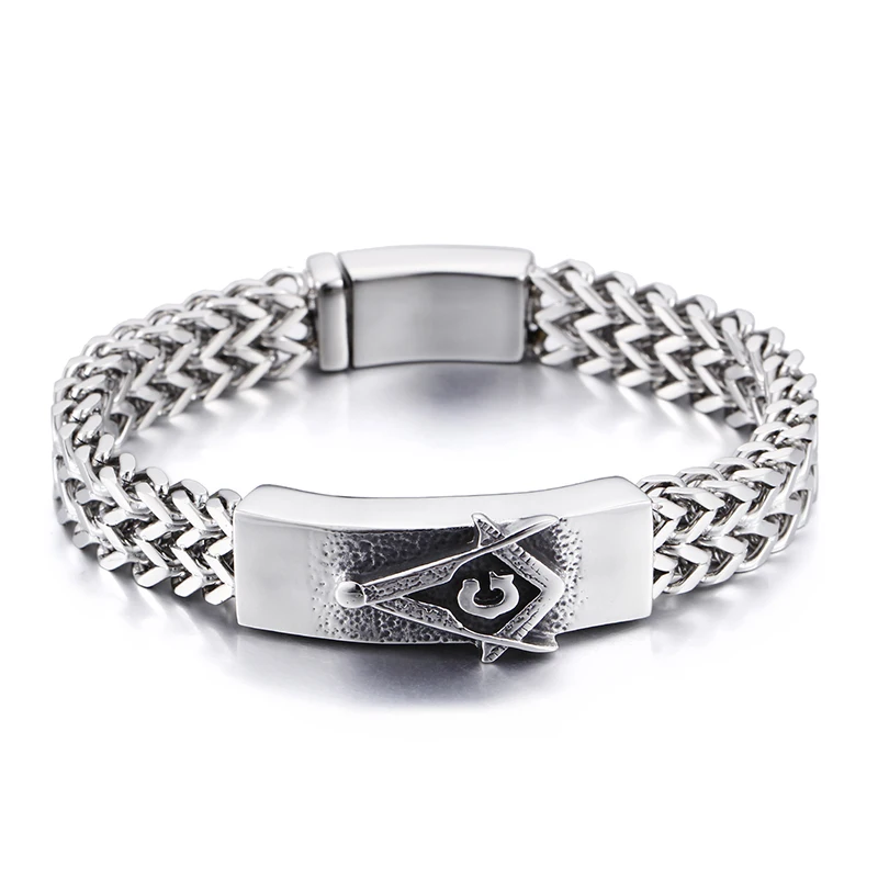 

Religious jewelry 316L Stainless Steel figaro chain bracelet Masonic symbols ID Bracelet 15mm x 8.66''