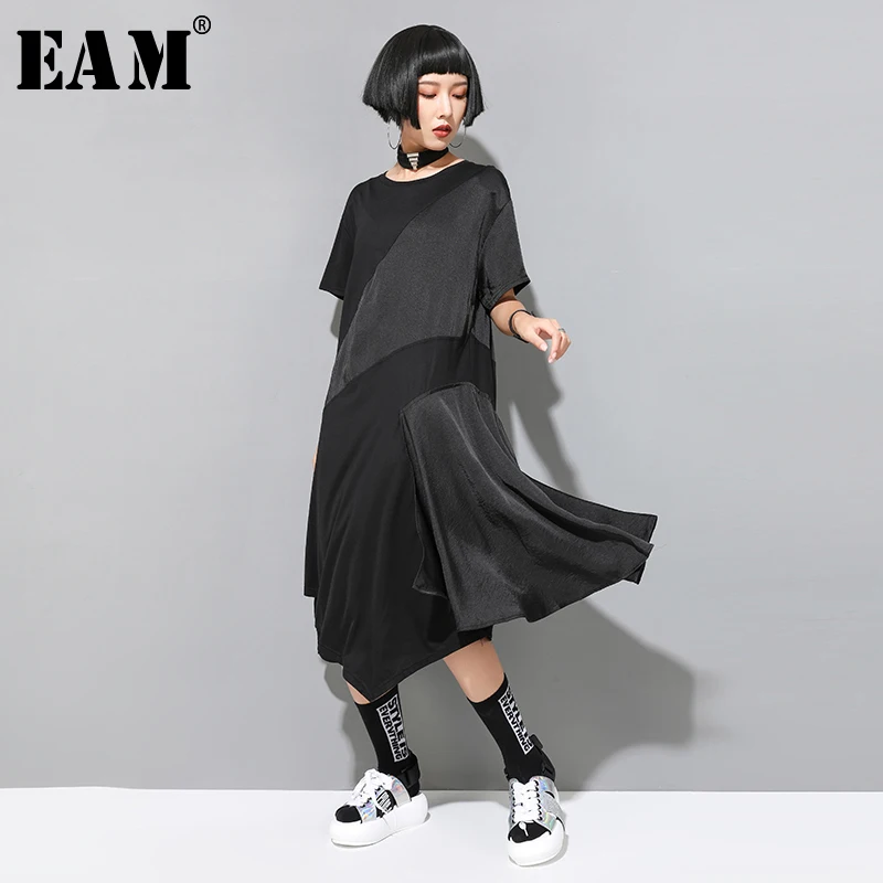 

[EAM] 2019 New Spring Summer Round Neck Short Sleeve Black Loose Irregular Split Joint Temperament Dress Women Fashion JX4990