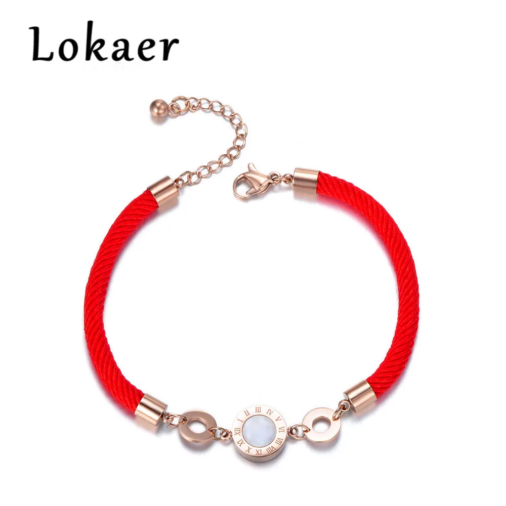 

Lokaer Classic Titanium Steel White & Black Shell Roman Number Charm Bracelets For Women Red Rope Bracelet Jewelry B17065