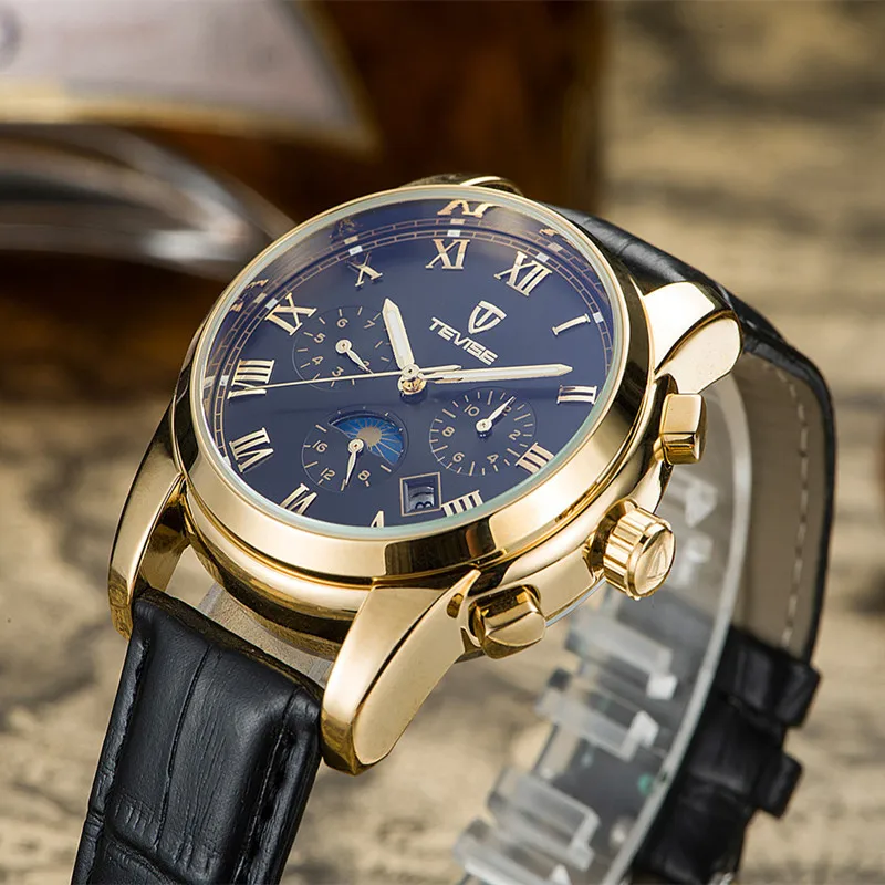 TEVISE الميكانيكية ووتش الرجال القمر المرحلة مضيئة 30 m للماء تاريخ التلقائية ووتش الذكور الصينية العلامة التجارية الساعات 2017 الأزياء