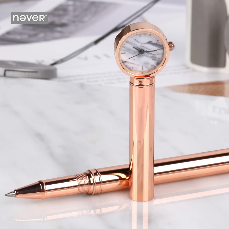 Never Rose Gold Gel Pen With Clock Signature Pen Metal pens Black Ink 0.5mm Gift Packing Office Accessories Creative Stationery