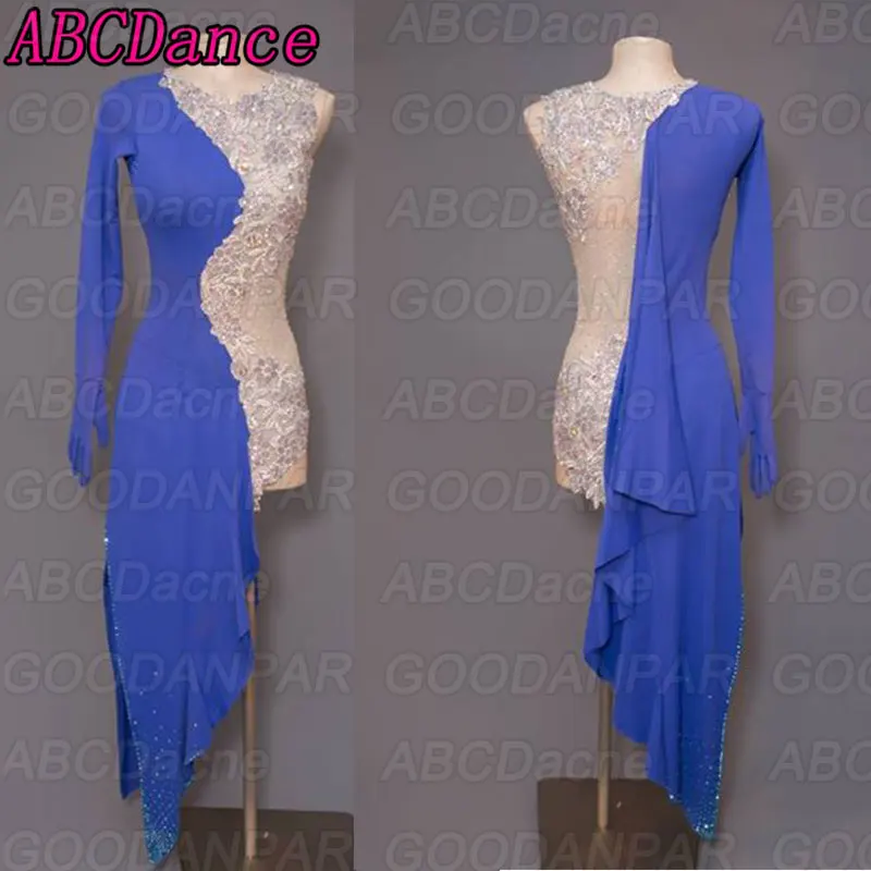 

Latin dance dress women Blue stitching dress for ballroom dancing One side sleeve tango dress