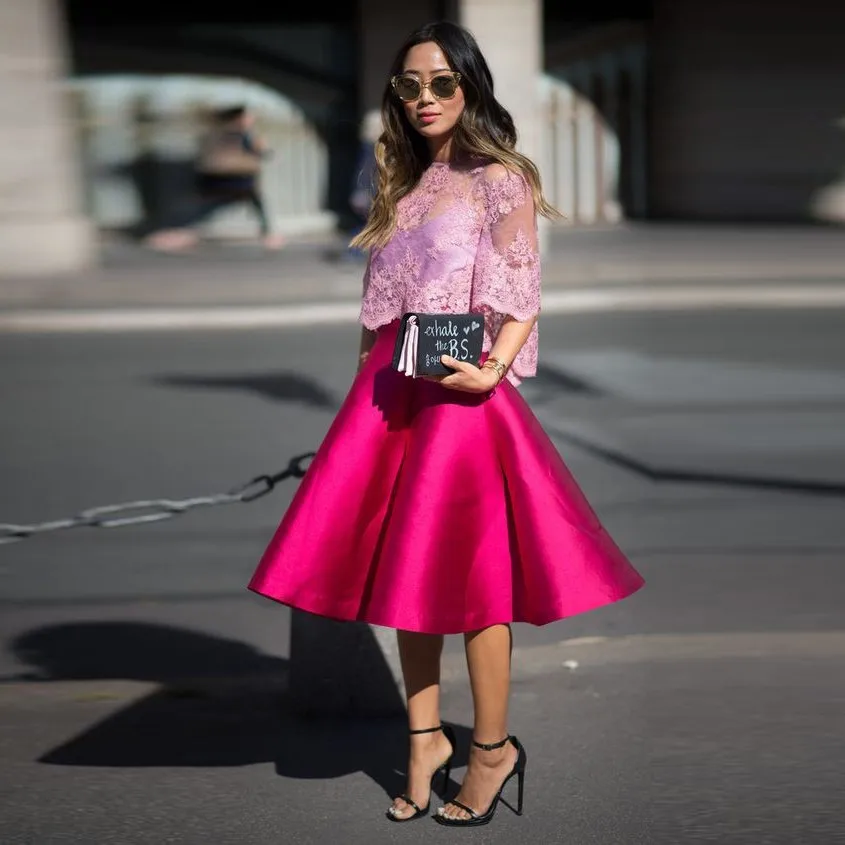 

Candy Color Midi Skirt Saia Longa Satin Skirts Fuchsia Women Skirts Faldas Custom Made Pleat Skirt Maxi
