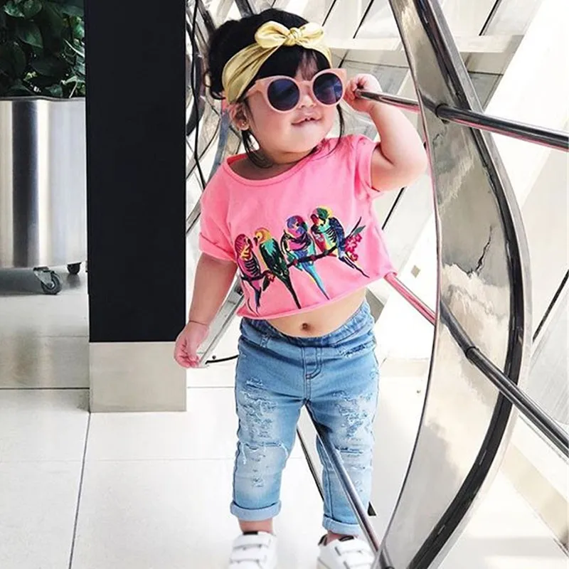  Baby Clothes Summer Kids Baby Girls Short Sleeve T-shirt Tops + Jeans Casual Outfits Sets