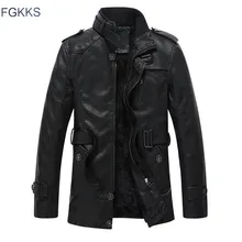 FGKKS новая зимняя теплая Дизайнерская кожаная куртка мужская с промытой кожей мотоциклетная стоячий воротник куртки пальто мужской