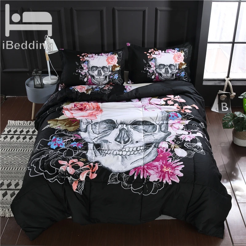 

Skull Flower 3D Printed Quilts Set 1pc Quilt and 2pcs Pillow sham