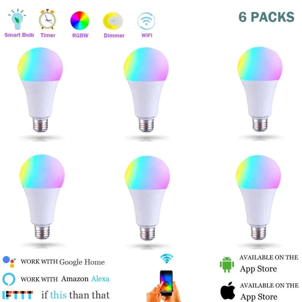 

E27 WiFi Smart Light Bulb,Dimmable Cold & Warm White Multicolor Lights,RGBW LED Lamp,Works with Alexa and Google Assistant 6Pack