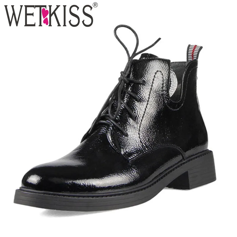 

WETKIS Patent Leather Women Boots Round Toe Lace Up Footwear Casual Warm Female Boots Thick Heels Motorcycle Shoes Woman Winter