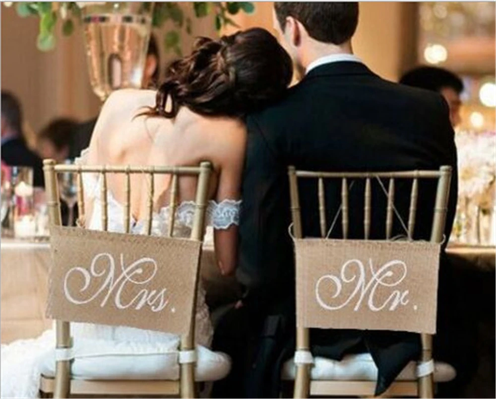 

Wedding Decoration Linen Chair Back Chair Cover Vintage Bride Rustic Decoration Chair Sign Burlap Mr and Mrs Garland Supply
