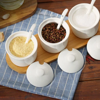 

Condiment Spice Jar, with Serving and Lids, Seasoning Box with .Wooden Tray - Best Pottery Cruet Pot for Your Home