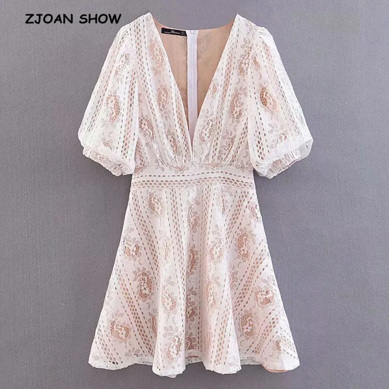 

2019 Retro Hollow Out Flower Lace Short Dress White New Sweet Short Puff Sleeve Slim Waist Women Summer Dresses Femme Vestido