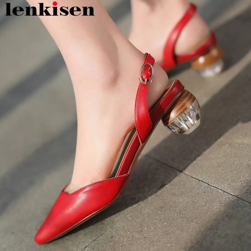 

Lenkisen pretty girls natural leather med heels slip on back band slip on summer brand sandals square toe big size shoes L7f1